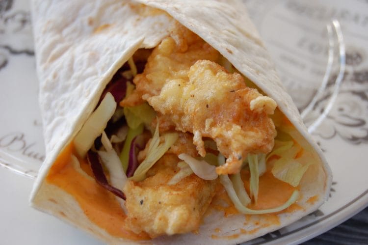 Chicken karaage in wrap with chili mayonnaise