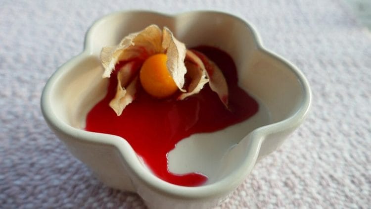 Coconut pudding with raspberry coulis