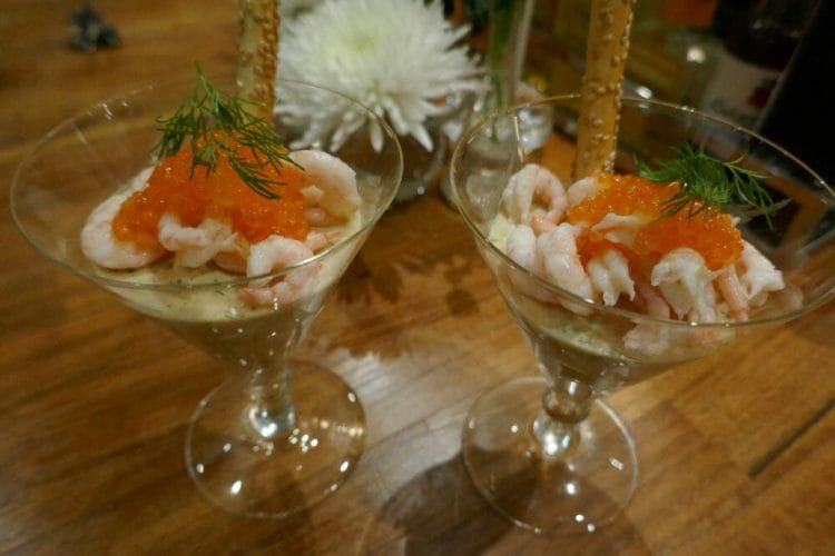 Salmon mousse with prawns, roe and dill