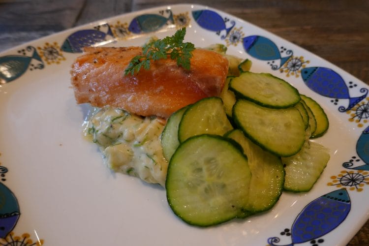 Salmon with dill stewed potatoes and cucumber salad