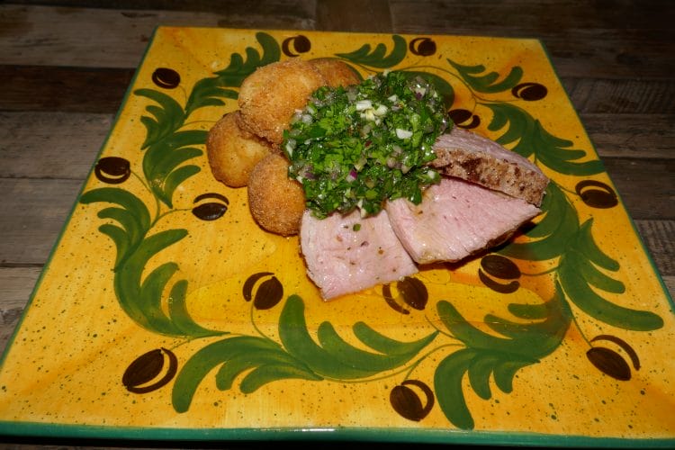 Pork fillet with pommes noisettes and chimichurri