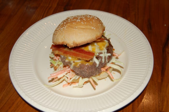 Homemade bacon burger with coleslaw
